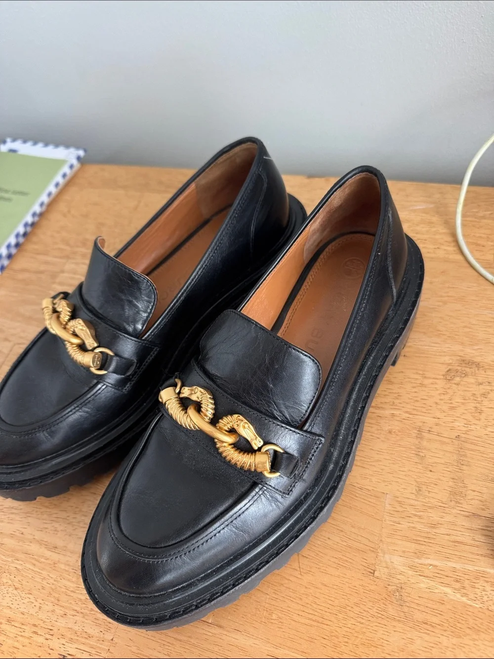Tory Burch Black Leather Loafers with Gold Chain Detail